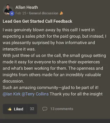 Allan Heath's Skool post: Lead Gen Get Started Call Feedback